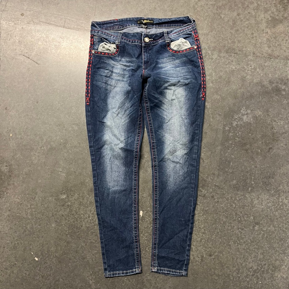 Southpole Jeans Co Womens 11 Dark Wash Red Stitch Embroidered Skinny Jeans Y2K